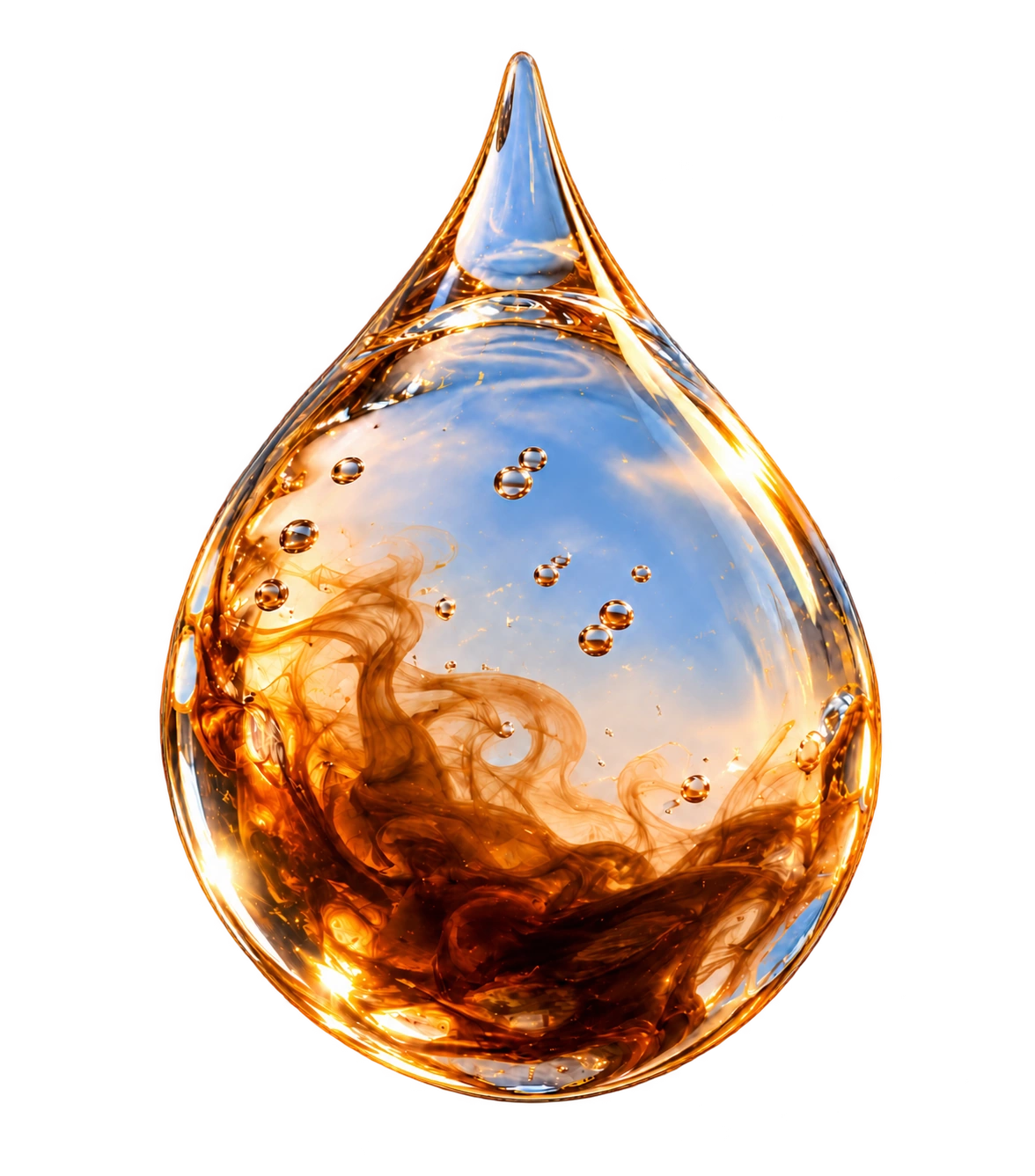 A suspended clear droplet with amber coffee swirling inside, against a blue and golden sky